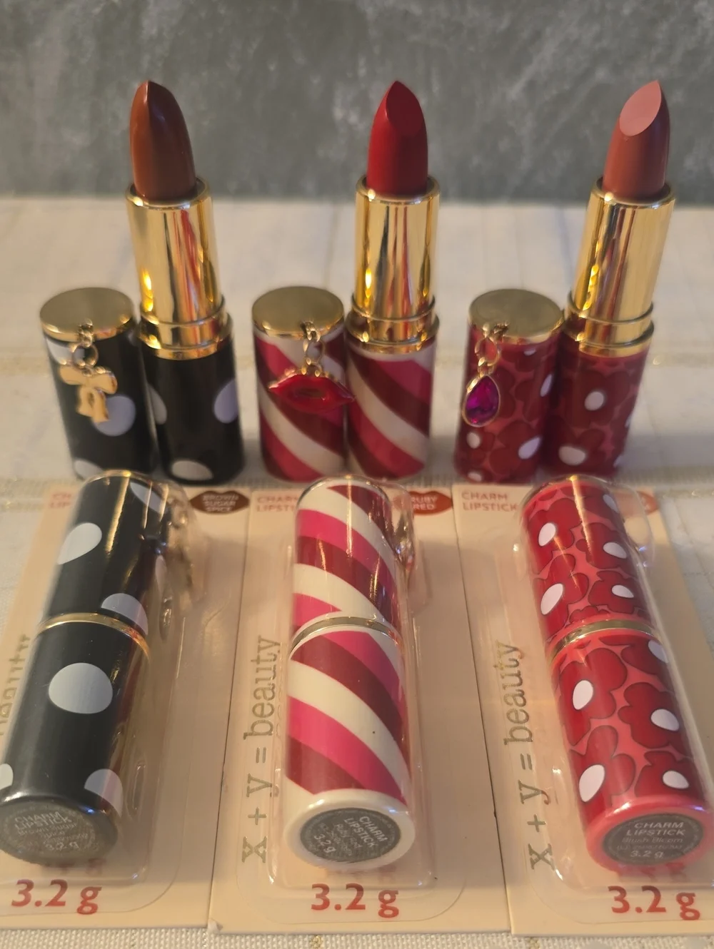 3 Charm Lipstick Trio - Red, Brown, Pink New Sealed